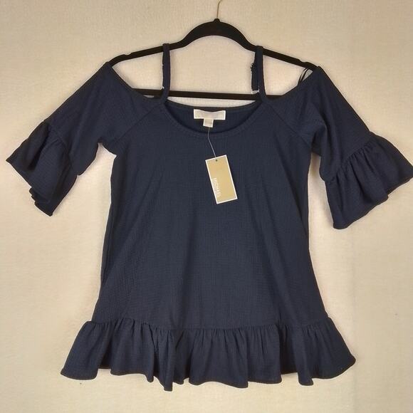 Michael Kors Womens‎ Blouse Blue XS Boho Short Sleeve Cold Shoulder Ruffle Navy - Picture 1 of 14